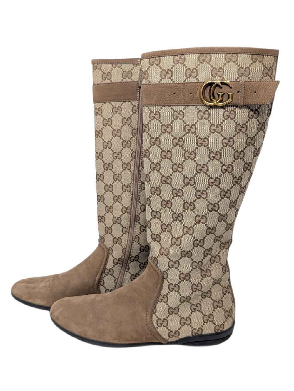 Gucci Monogram Beige Brown Canvas Suede Knee High Flat Riding Boots Size EU 37.5